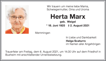 Traueranzeige von Herta Marx von Memminger Zeitung