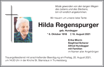 Traueranzeige von Hilda Regenspurger von Memminger Zeitung