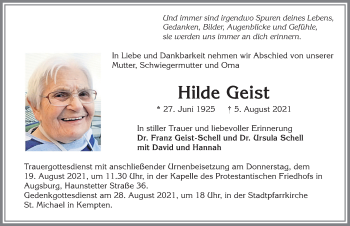 Traueranzeige von Hilde Geist von Allgäuer Zeitung,Kempten