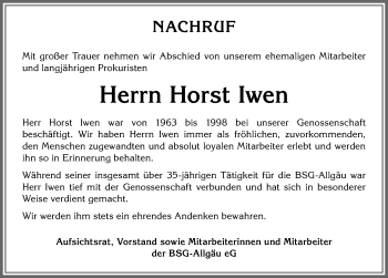 Traueranzeige von Horst Iwen von Allgäuer Zeitung,Kempten