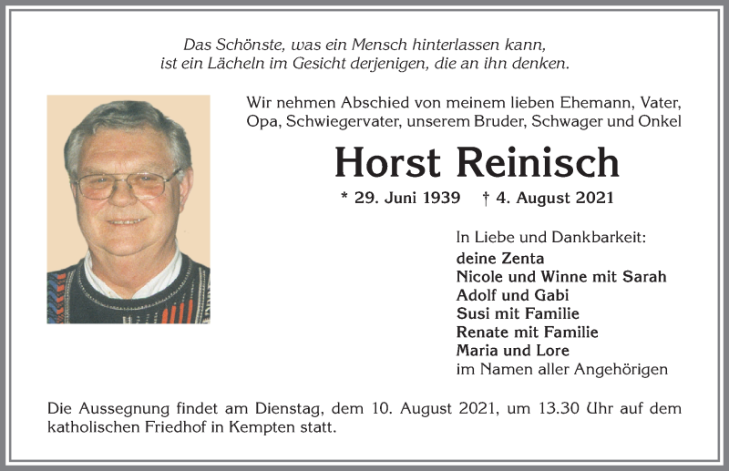  Traueranzeige für Horst Reinisch vom 07.08.2021 aus Allgäuer Zeitung,Kempten