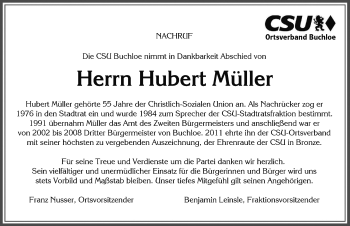 Traueranzeige von Hubert Müller von Allgäuer Zeitung, Kaufbeuren/Buchloe