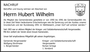 Traueranzeige von Hubert Wilhelm von Der Westallgäuer