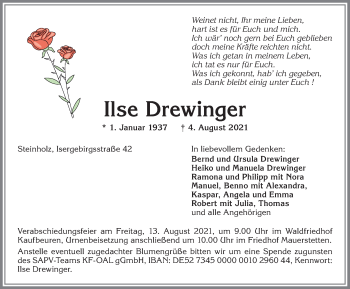 Traueranzeige von Ilse Drewinger von Allgäuer Zeitung, Kaufbeuren/Buchloe