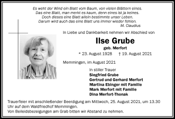 Traueranzeige von Ilse Grube von Memminger Zeitung