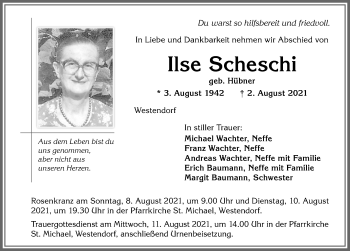Traueranzeige von Ilse Scheschi von Allgäuer Zeitung, Kaufbeuren/Buchloe
