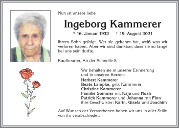 Traueranzeige von Ingeborg Kammerer von Allgäuer Zeitung, Kaufbeuren/Buchloe