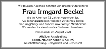 Traueranzeige von Irmgard Beckel von Allgäuer Anzeigeblatt