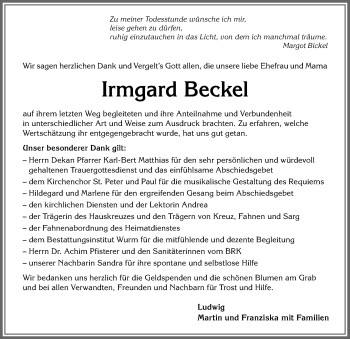 Traueranzeige von Irmgard Beckel von Allgäuer Anzeigeblatt