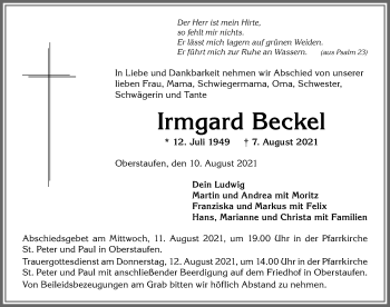 Traueranzeige von Irmgard Beckel von Allgäuer Anzeigeblatt