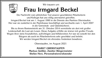 Traueranzeige von Irmgard Beckel von Allgäuer Anzeigeblatt