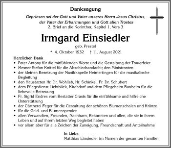 Traueranzeige von Irmgard Einsiedler von Memminger Zeitung