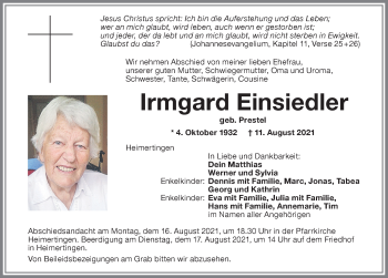 Traueranzeige von Irmgard Einsiedler von Memminger Zeitung