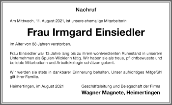 Traueranzeige von Irmgard Einsiedler von Memminger Zeitung