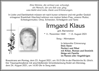 Traueranzeige von Irmgard Klaus von Allgäuer Zeitung, Füssen