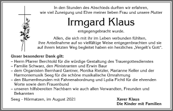 Traueranzeige von Irmgard Klaus von Allgäuer Zeitung, Füssen