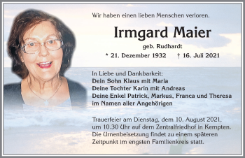 Traueranzeige von Irmgard Maier von Allgäuer Zeitung,Kempten