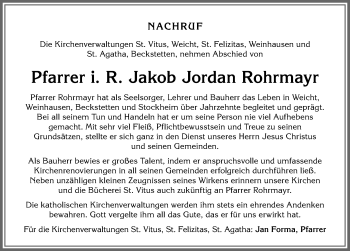Traueranzeige von Jakob Jordan Rohrmayr von Allgäuer Zeitung, Kaufbeuren/Buchloe