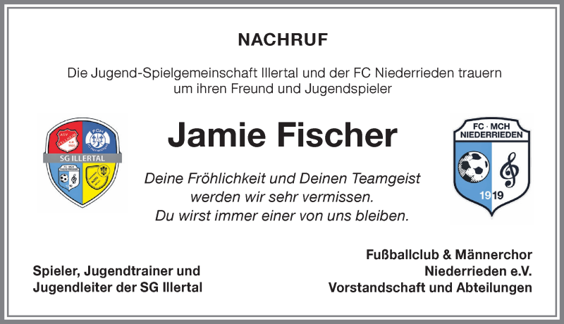  Traueranzeige für Jamie Fischer vom 27.08.2021 aus Memminger Zeitung