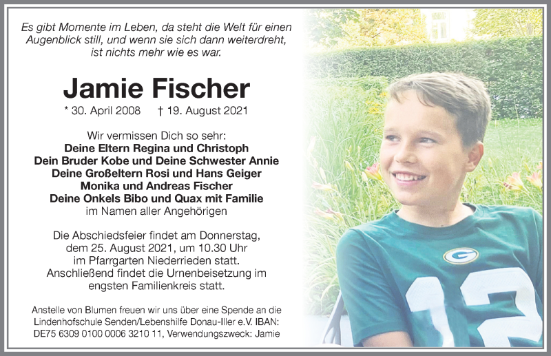  Traueranzeige für Jamie Fischer vom 25.08.2021 aus Memminger Zeitung