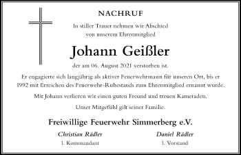 Traueranzeige von Johann Geißler von Der Westallgäuer