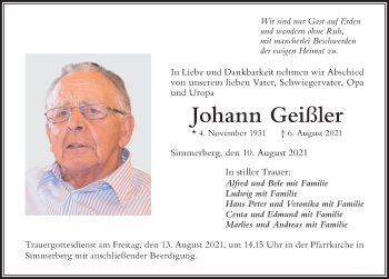 Traueranzeige von Johann Geißler von Der Westallgäuer