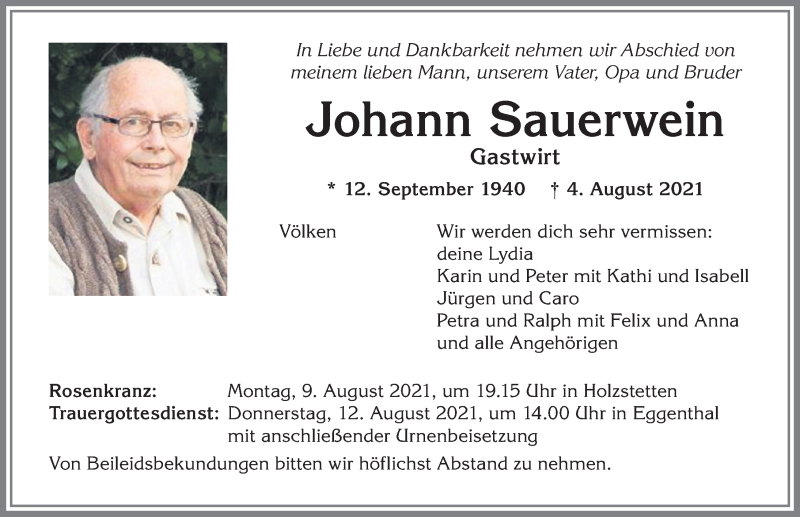  Traueranzeige für Johann Sauerwein vom 07.08.2021 aus Allgäuer Zeitung, Marktoberdorf