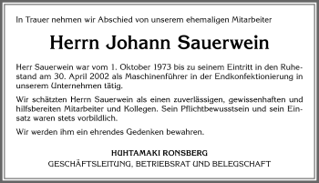 Traueranzeige von Johann Sauerwein von Allgäuer Zeitung, Marktoberdorf