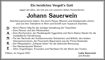 Traueranzeige von Johann Sauerwein von Allgäuer Zeitung, Marktoberdorf
