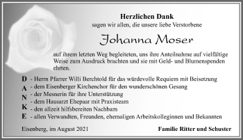 Traueranzeige von Johanna Moser von Allgäuer Zeitung, Füssen
