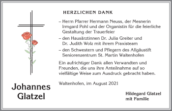 Traueranzeige von Johannes Glatzel von Allgäuer Zeitung,Kempten