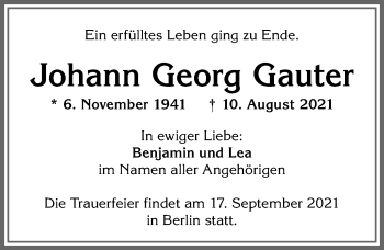 Traueranzeige von Johann Georg Gauter von Allgäuer Zeitung,Kempten