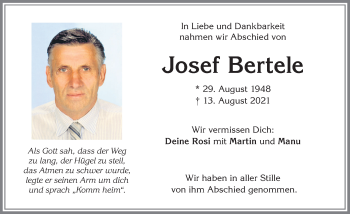 Traueranzeige von Josef Bertele von Allgäuer Zeitung,Kempten