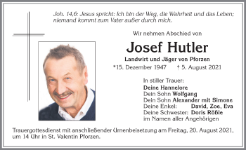 Traueranzeige von Josef Hutler von Allgäuer Zeitung, Kaufbeuren/Buchloe