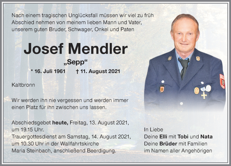  Traueranzeige für Josef Mendler vom 13.08.2021 aus Memminger Zeitung