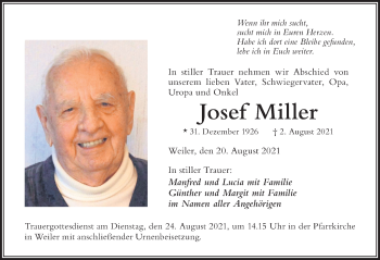 Traueranzeige von Josef Miller von Der Westallgäuer