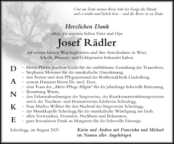 Traueranzeige von Josef Rädler von Der Westallgäuer