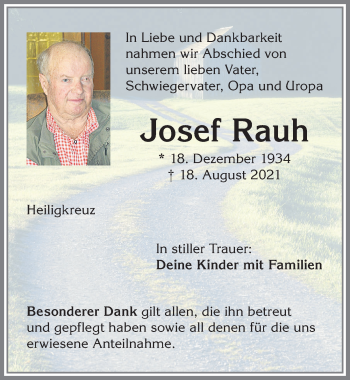 Traueranzeige von Josef Rauh von Allgäuer Zeitung,Kempten