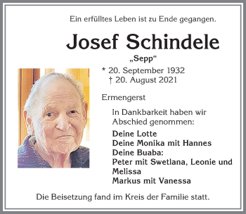 Traueranzeige von Josef Schindele von Allgäuer Zeitung,Kempten