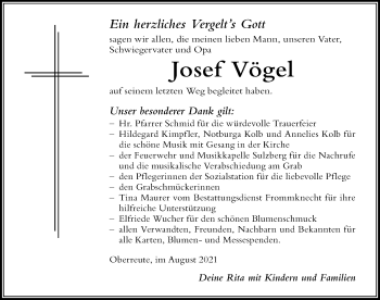 Traueranzeige von Josef Vögel von Der Westallgäuer