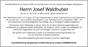 Traueranzeige von Josef Waldhuber von Allgäuer Zeitung, Kaufbeuren/Buchloe