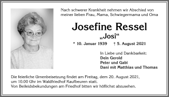 Traueranzeige von Josefine Ressel von Allgäuer Zeitung, Kaufbeuren/Buchloe