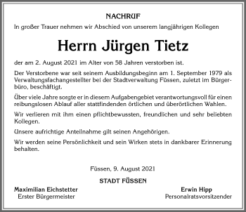 Traueranzeige von Jürgen Tietz von Allgäuer Zeitung, Füssen