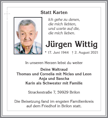 Traueranzeige von Jürgen Wittig von Allgäuer Zeitung,Kempten