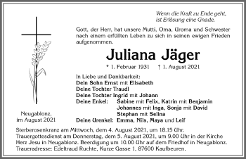 Traueranzeige von Juliana Jäger von Allgäuer Zeitung, Kaufbeuren/Buchloe