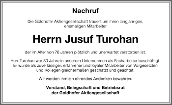 Traueranzeige von Jusuf Turohan von Memminger Zeitung