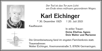 Traueranzeige von Karl Eichinger von Allgäuer Zeitung, Kaufbeuren/Buchloe
