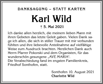 Traueranzeige von Karl Wild von Allgäuer Anzeigeblatt