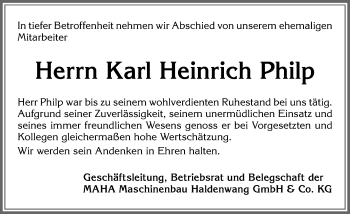 Traueranzeige von Karl Heinrich Philp von Allgäuer Zeitung,Kempten