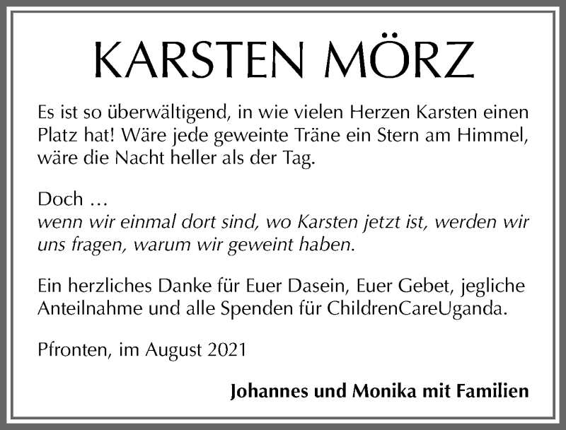  Traueranzeige für Karsten Mörz vom 07.08.2021 aus Allgäuer Zeitung, Füssen